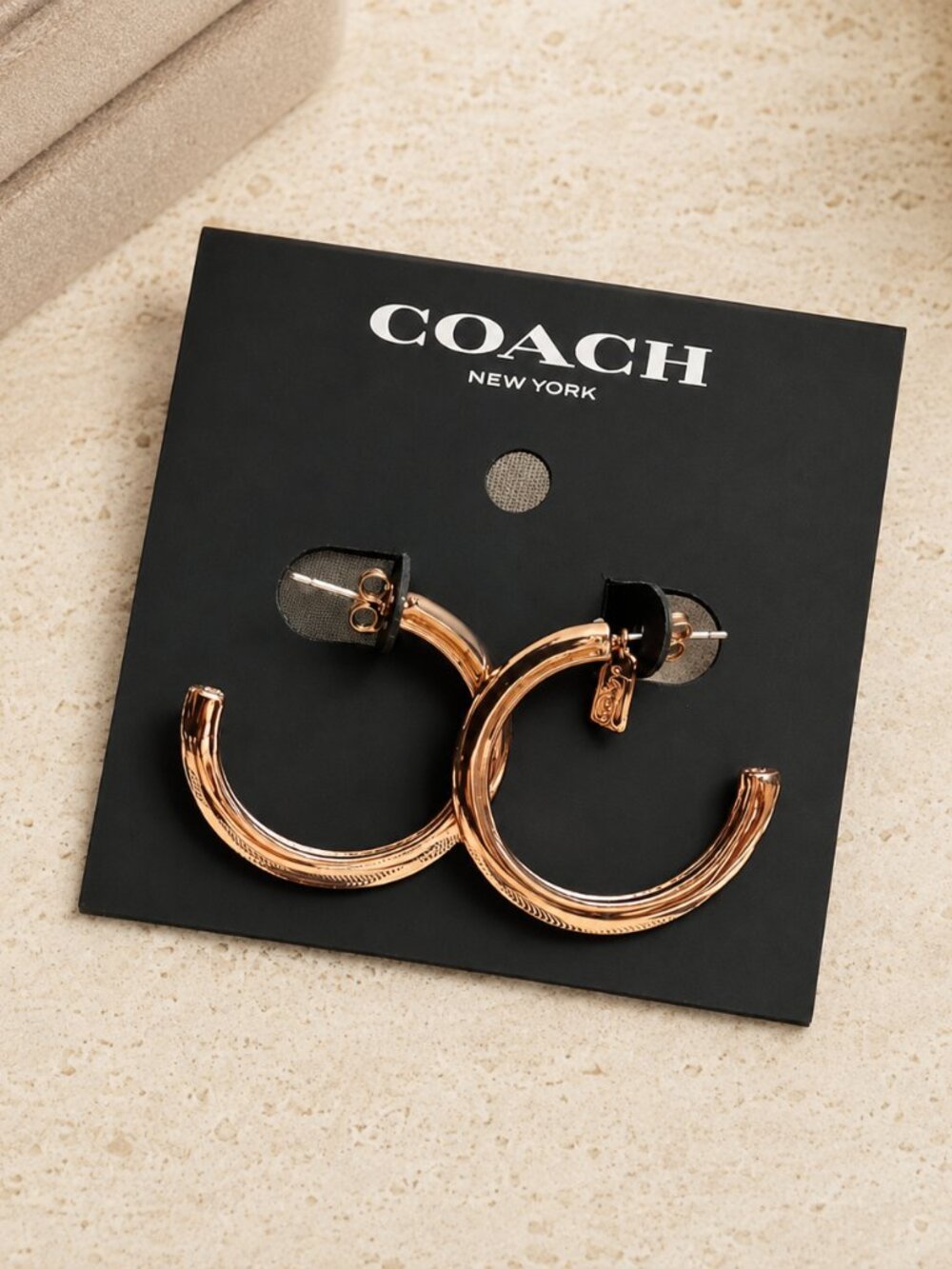 Coach Rose Gold Signature C Logo Hoop Earrings Post Backs NWT - Picture 2 of 3